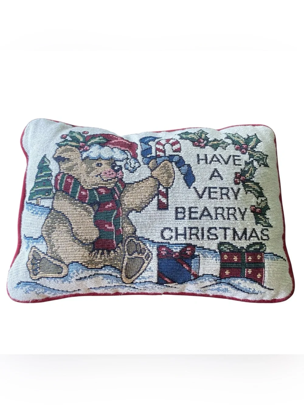 Holiday Tapestry Throw Pillow HAVE A VERY BEARRY CHRISTMAS Decorative Grannycore